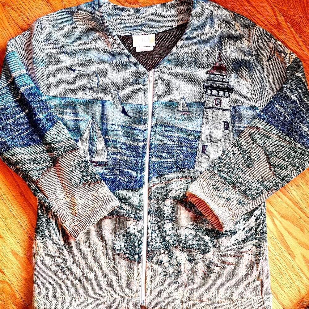 Vintage Art Unlimited Coastal Lighthouse Full-Zip Sweater Size M